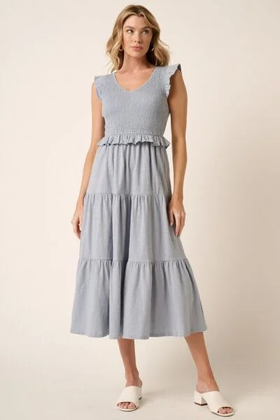 Midi dresses with pom - pom trims for a playful and festive look Smocked Ruffled Tiered Midi Dress Midi dresses with pom - pom trims for a playful and festive look Smocked Ruffled Tiered Midi Dress