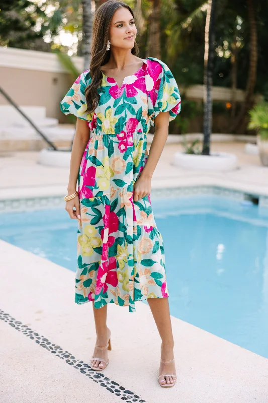 Midi dresses with puff sleeves for a vintage - inspired look Odds Are In Your Favor Mint Green Floral Midi Dress