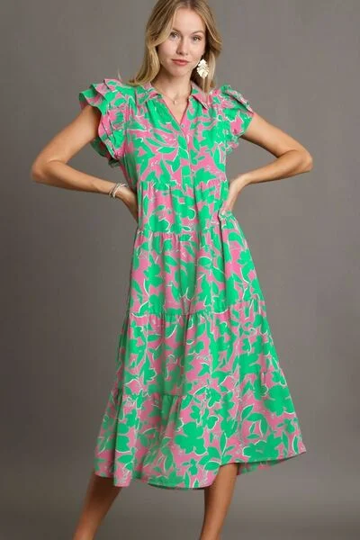 Midi dresses with tassel accents for a bohemian and free - spirited style Full Size Floral Collared Ruffle Cap Sleeve Midi Dress Midi dresses with tassel accents for a bohemian and free - spirited style Full Size Floral Collared Ruffle Cap Sleeve Midi Dress