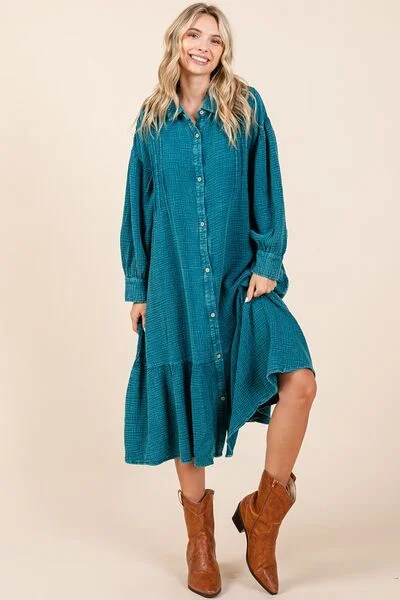 Midi dresses with button - down skirts for a unique and functional design Mineral Wash Cotton Gauze Ruffle Midi Shirt Dress Midi dresses with button - down skirts for a unique and functional design Mineral Wash Cotton Gauze Ruffle Midi Shirt Dress