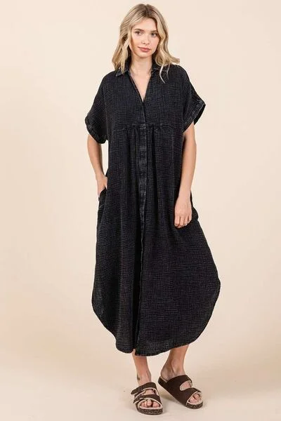 Midi dresses with ruffled hems for a romantic date night Mineral Wash V Neck Button Up Midi Shirt Dress Midi dresses with ruffled hems for a romantic date night Mineral Wash V Neck Button Up Midi Shirt Dress