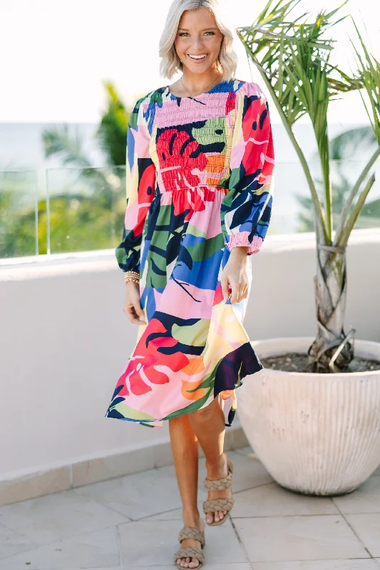 High - low midi dresses with geometric patterns for a modern party Get What You Want Navy Blue Abstract Print Midi Dress