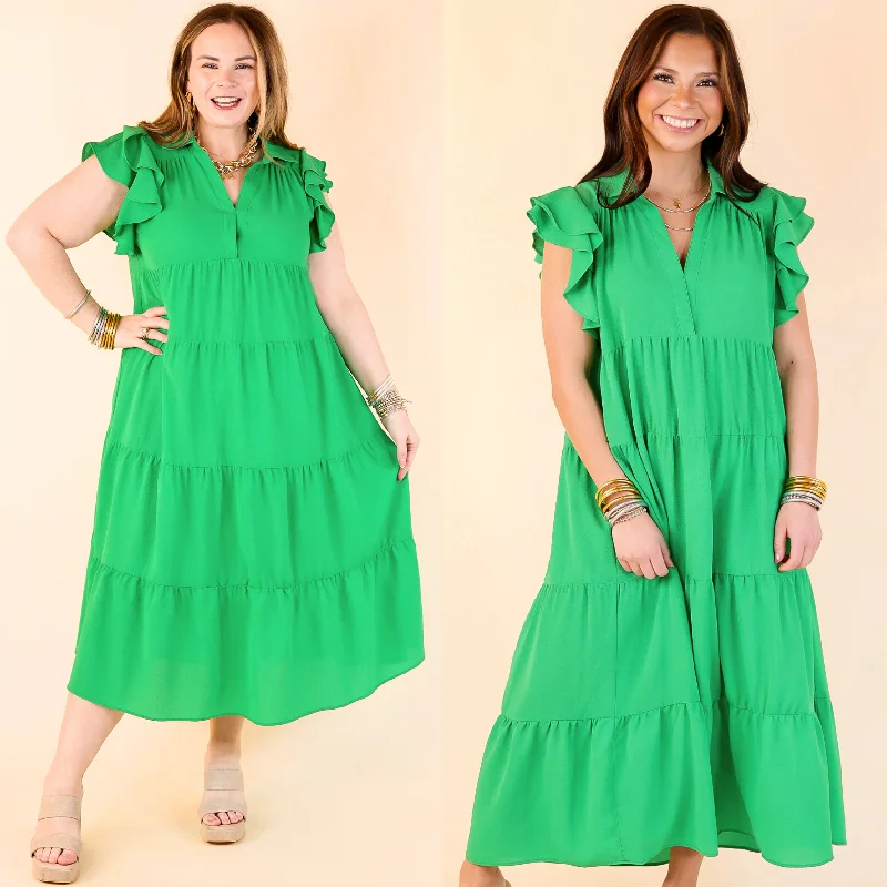 Sleeveless midi dresses with lace details for summer weddings All Of A Sudden Tiered Midi Dress with Ruffle Cap Sleeves in Green