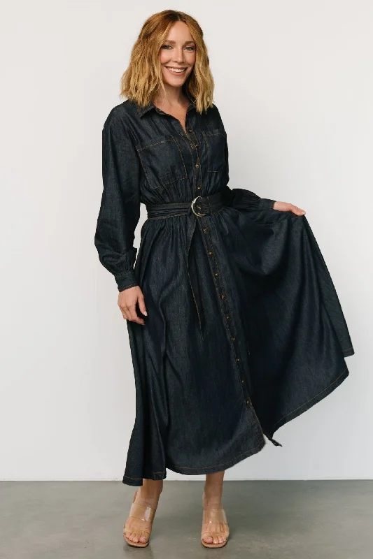 Velvet midi dresses in jewel tones for a glamorous winter event Hansel Long Sleeve Denim Dress | Dark Blue