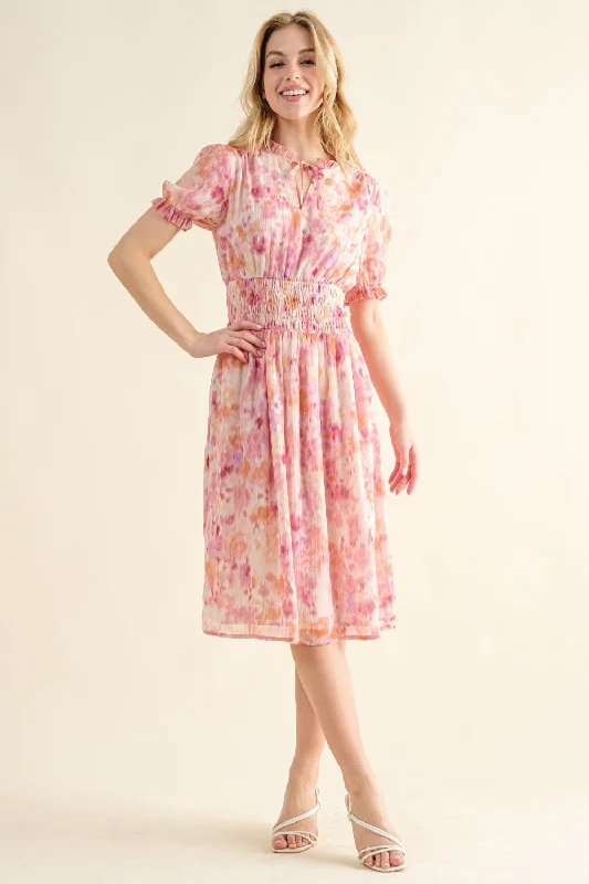 Midi dresses with sheer panels for a touch of allure Full Size Smocked Waist Printed Midi Dress