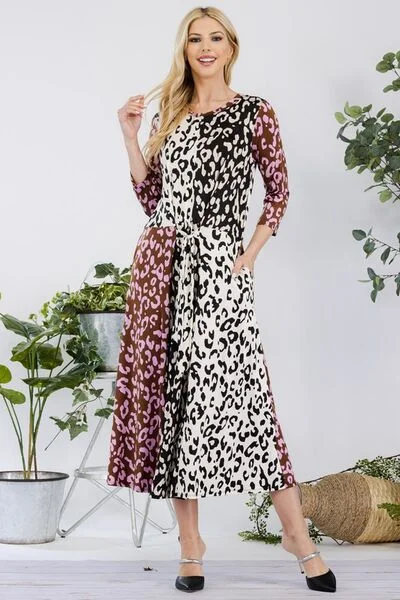 Midi dresses with puff sleeves for a vintage - inspired look Full Size Leopard Color Block Front Tie Midi Dress Plus Size Midi dresses with puff sleeves for a vintage - inspired look Full Size Leopard Color Block Front Tie Midi Dress Plus Size