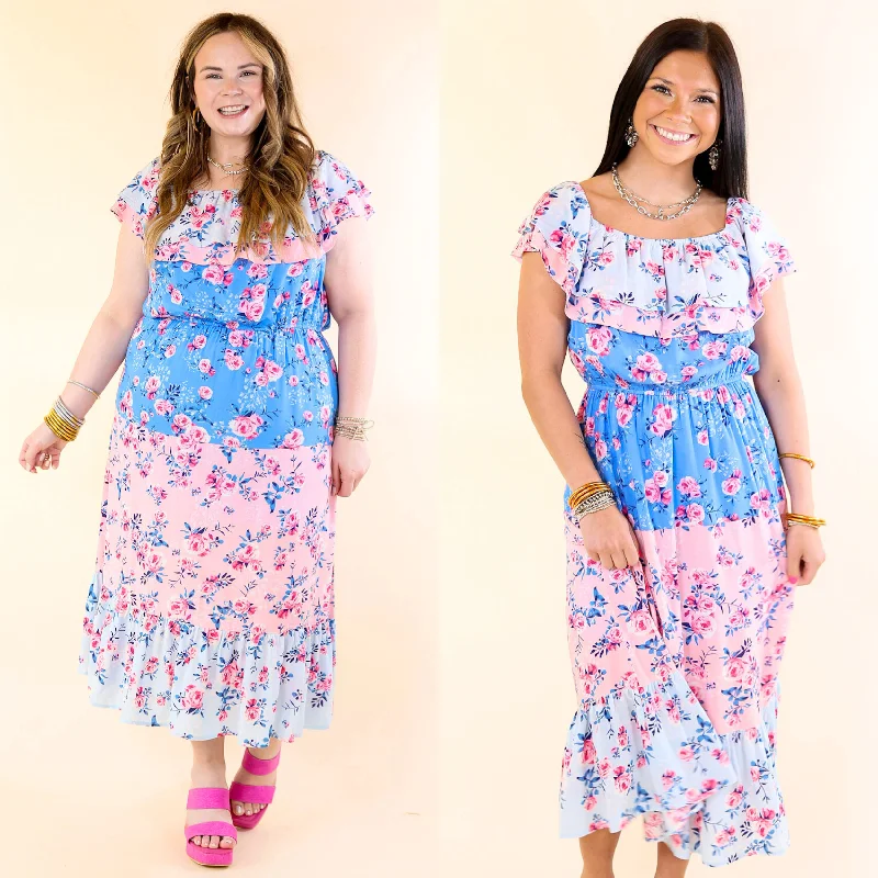 Midi dresses with pleated skirts for a timeless and elegant appeal Tides In Tulum Floral Midi Dress with Ruffle Sleeves in Pink and Blue