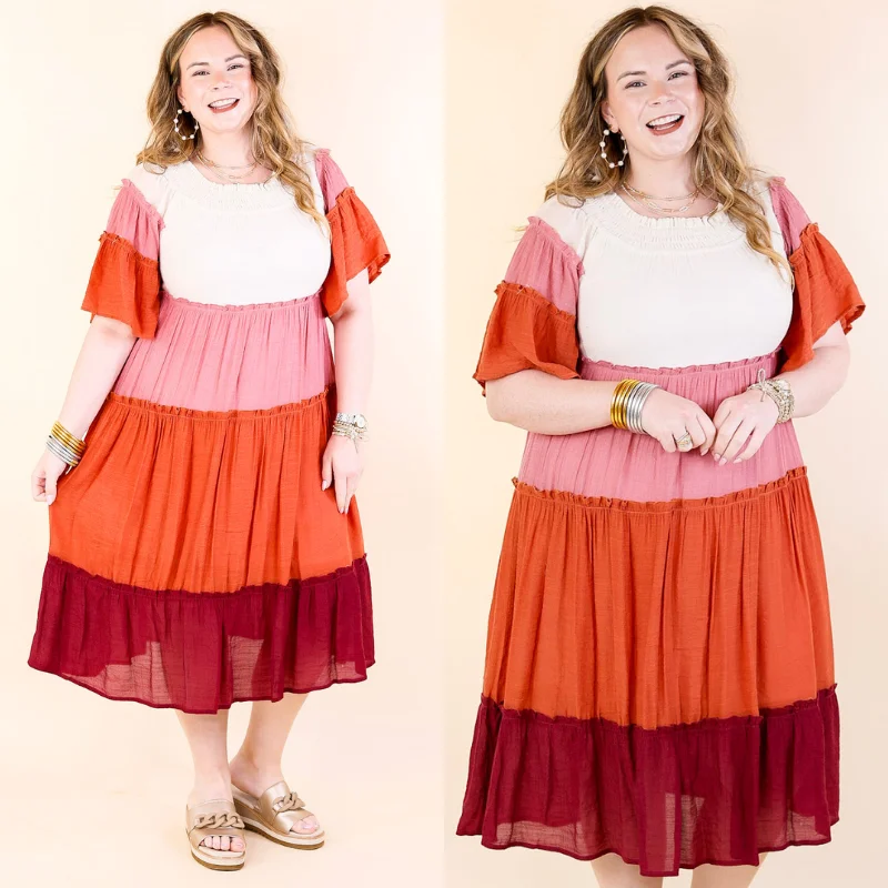 Midi dresses with puff sleeves for a vintage - inspired look In the Villa Color Block Off the Shoulder Midi Dress in Ivory, Rust, Mauve, and Maroon Midi dresses with puff sleeves for a vintage - inspired look In the Villa Color Block Off the Shoulder Midi Dress in Ivory, Rust, Mauve, and Maroon