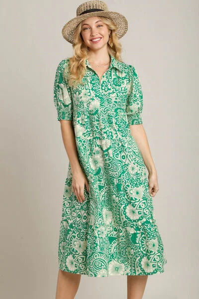 Wrap - style midi dresses in silk for a sophisticated office look Full Size Printed Smocked Cuff Puff Sleeve Midi Dress Wrap - style midi dresses in silk for a sophisticated office look Full Size Printed Smocked Cuff Puff Sleeve Midi Dress