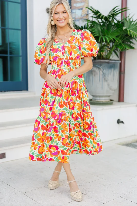 Midi dresses with pom - pom trims for a playful and festive look Fate: First Hand Coral Orange Floral Midi Dress Midi dresses with pom - pom trims for a playful and festive look Fate: First Hand Coral Orange Floral Midi Dress