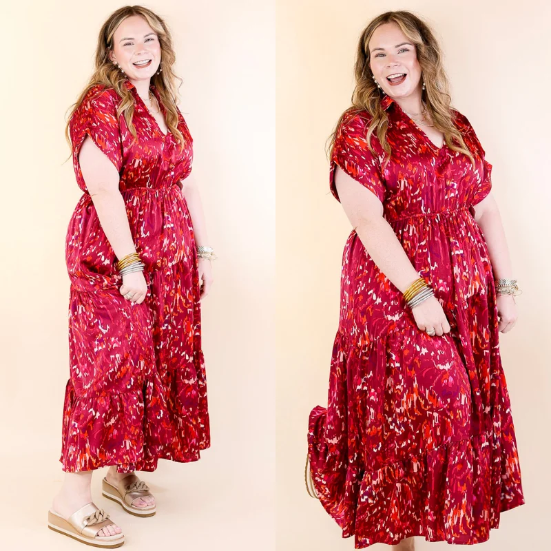 Midi dresses with tiered skirts for a bohemian festival look Burnin' Up Multicolor Abstract Midi Dress in Wine Red