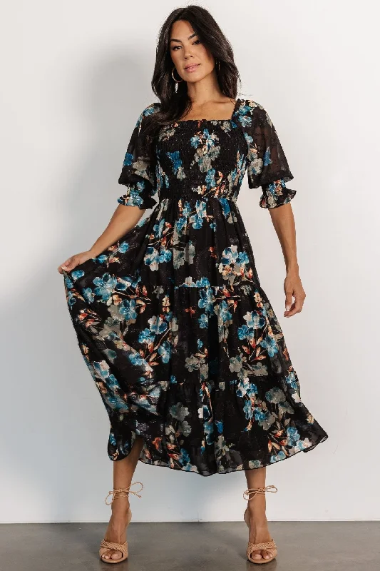 Midi dresses with printed lining for a hidden and stylish detail Fabian Jacquard Midi Dress | Black + Blue Multi Midi dresses with printed lining for a hidden and stylish detail Fabian Jacquard Midi Dress | Black + Blue Multi