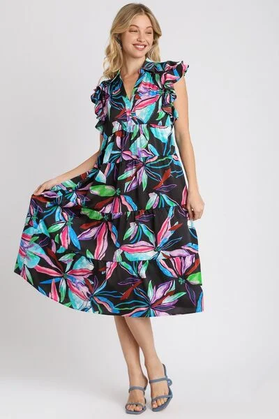 Midi dresses with ruffled bodices for a more pronounced feminine look Full Size Leaf Print Double Layered Ruffle Sleeve Tiered Midi Dress Midi dresses with ruffled bodices for a more pronounced feminine look Full Size Leaf Print Double Layered Ruffle Sleeve Tiered Midi Dress