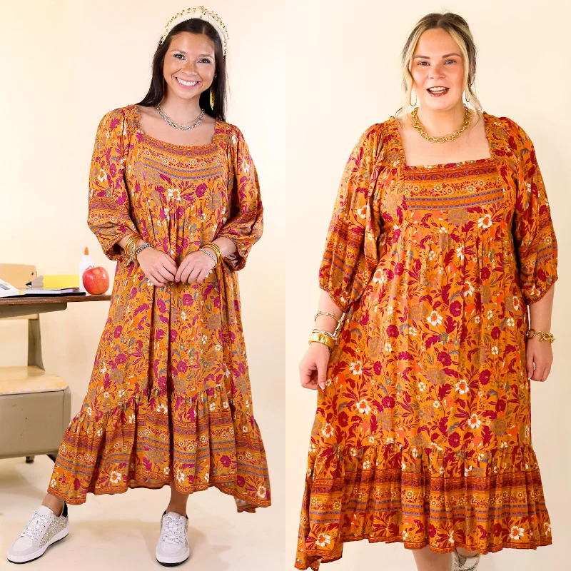 Midi dresses with tassel accents for a bohemian and free - spirited style Autumn Daze Floral Print Square Neck Midi Dress in Mustard Yellow