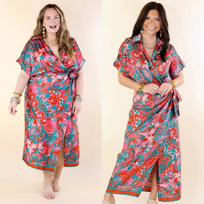 Midi dresses with ruched sleeves for a more fitted and stylish arm look Room With A View Baroque Print Wrap Midi Dress in Pink and Teal Midi dresses with ruched sleeves for a more fitted and stylish arm look Room With A View Baroque Print Wrap Midi Dress in Pink and Teal