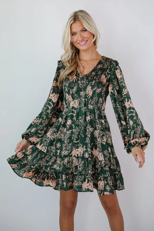Sheer mini dresses with lace inserts Notable Delight Hunter Green Floral Mini Dress