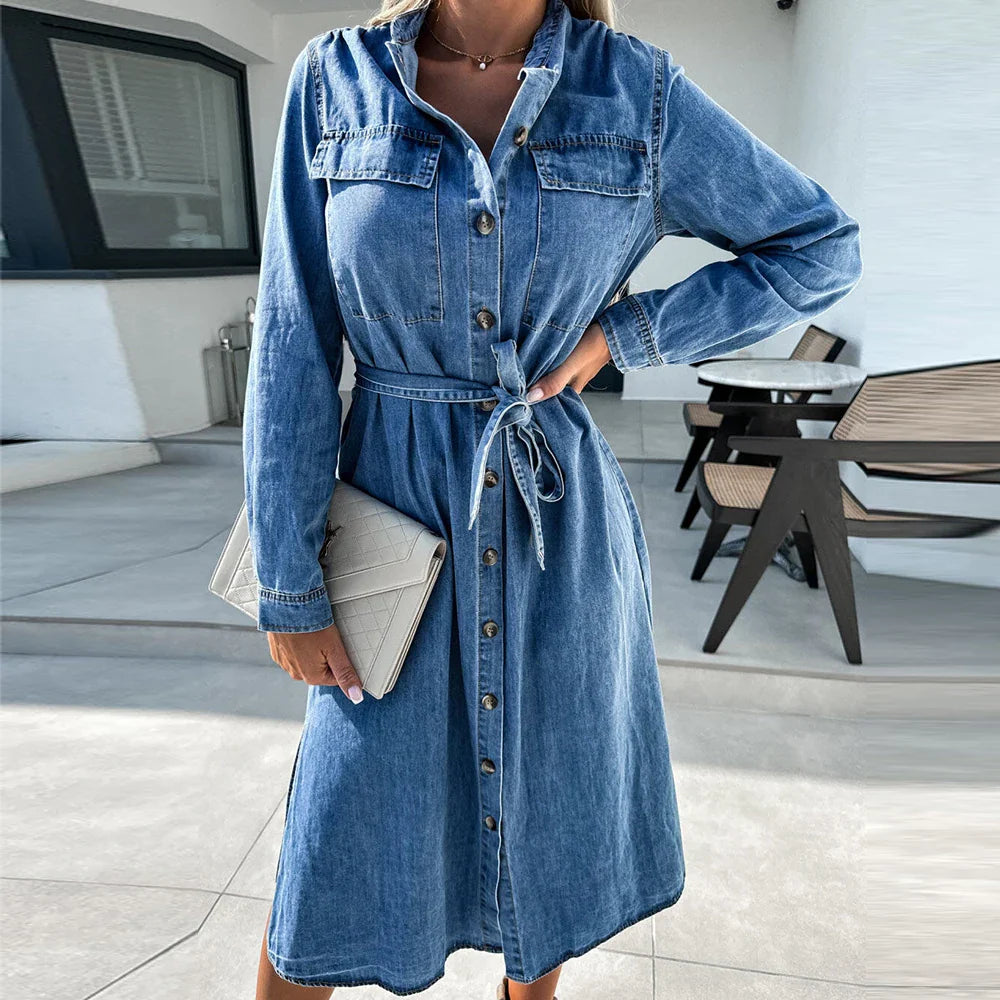 Plaid midi dresses for a fall - themed family gathering Imitation Denim For Women 2024 Autumn Korean Fashion Elegant Vestido Skirt Y2K Long Sleeved Female Clothing Midi Dress