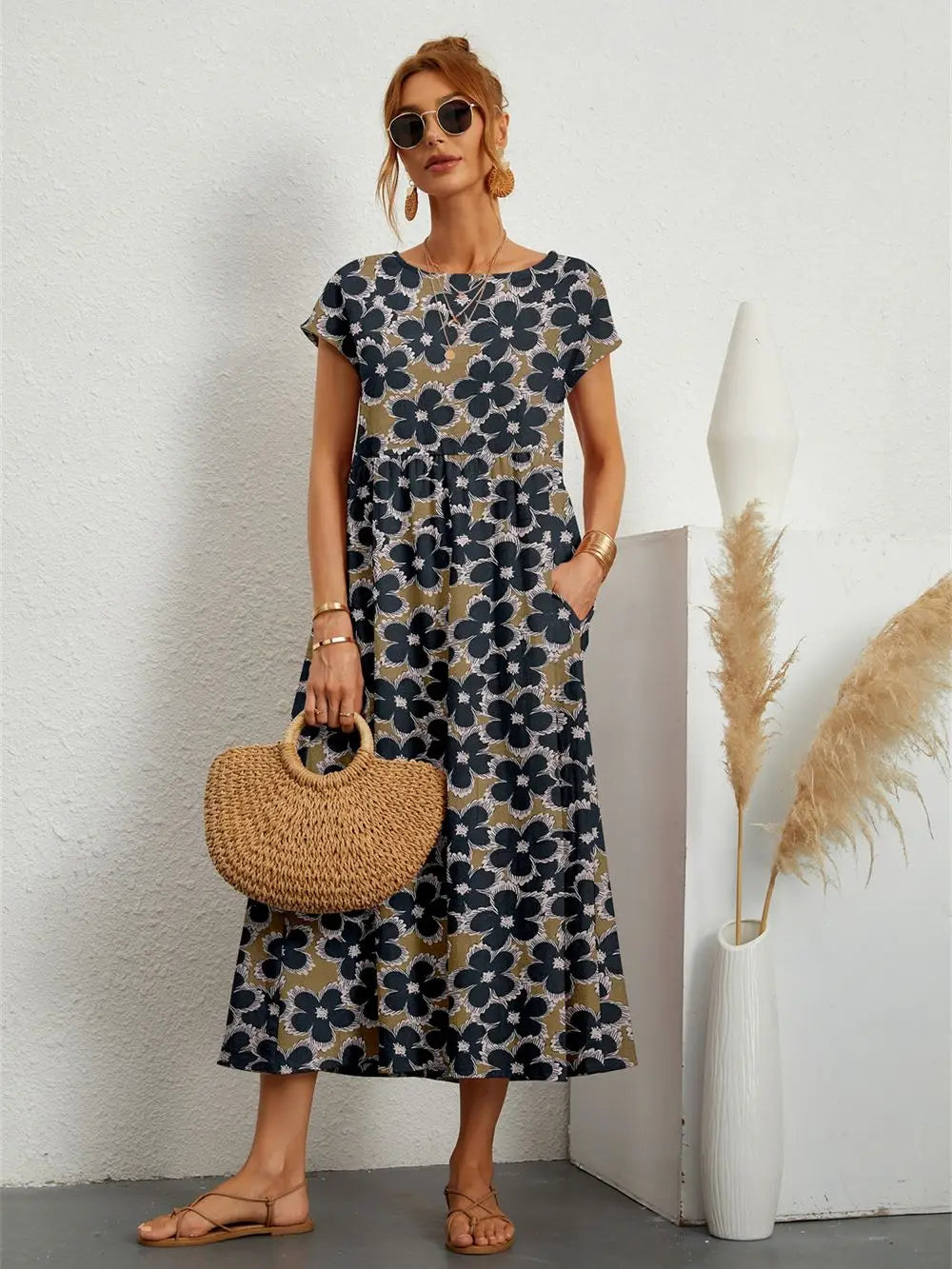 Midi dresses with button - front designs for a classic touch Women Summer Fashion Style Short Sleeve Print O-neck Fold with Pockets Midi Dress Midi dresses with button - front designs for a classic touch Women Summer Fashion Style Short Sleeve Print O-neck Fold with Pockets Midi Dress