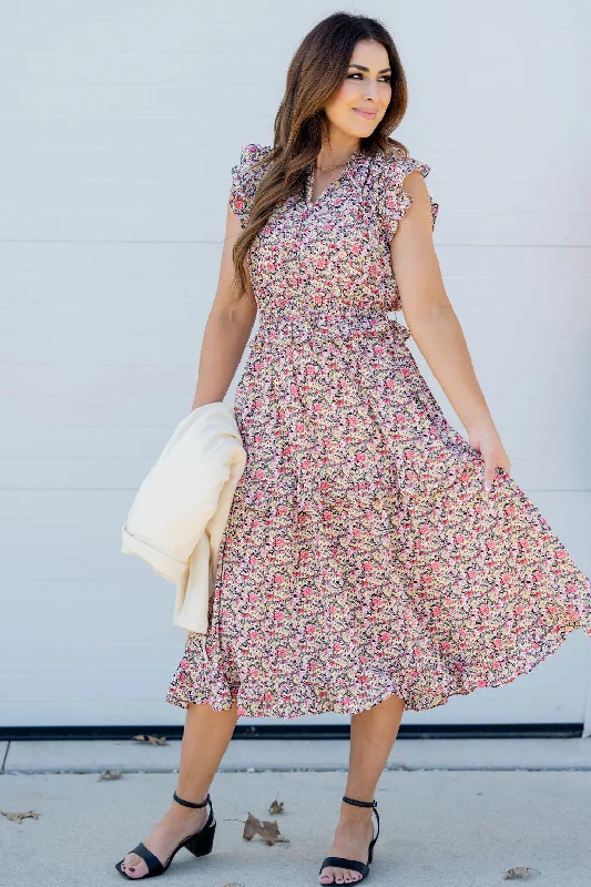 Midi dresses with button - front designs for a classic touch Mini Blooms Ruffle Tiered Midi Dress Midi dresses with button - front designs for a classic touch Mini Blooms Ruffle Tiered Midi Dress