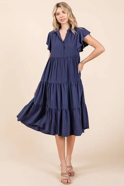Midi dresses with button - down skirts for a unique and functional design Ruffle Sleeve Collared V Neck Tiered Midi Dress Midi dresses with button - down skirts for a unique and functional design Ruffle Sleeve Collared V Neck Tiered Midi Dress