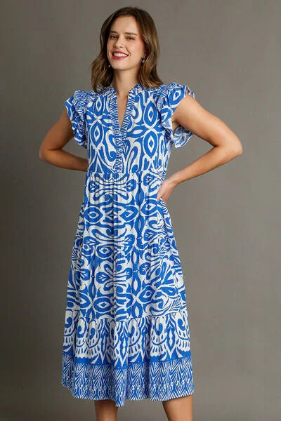 Midi dresses with ruched bodices for a feminine and fitted feel Full Size Two Tone Border Print Ruffle Cap Sleeve Midi Dress Midi dresses with ruched bodices for a feminine and fitted feel Full Size Two Tone Border Print Ruffle Cap Sleeve Midi Dress