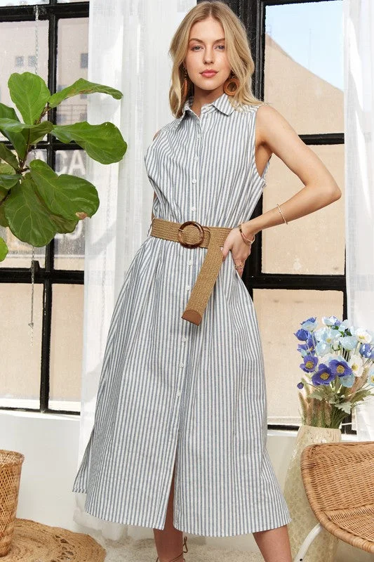 Sheath midi dresses with beaded embellishments for a formal occasion Striped Button Down Sleeveless Midi Dress