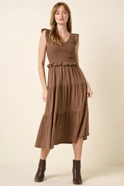 Midi dresses with wrap - around skirts for a customizable fit Smocked Ruffled Tiered Midi Dress Midi dresses with wrap - around skirts for a customizable fit Smocked Ruffled Tiered Midi Dress