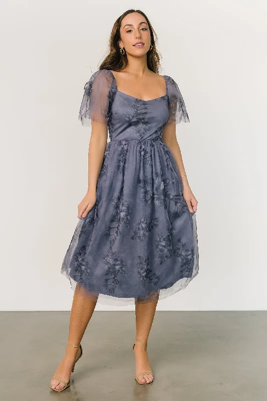 Midi dresses with abstract art prints for an artistic statement Gwyneth Tulle Midi Dress | Slate Blue Multi