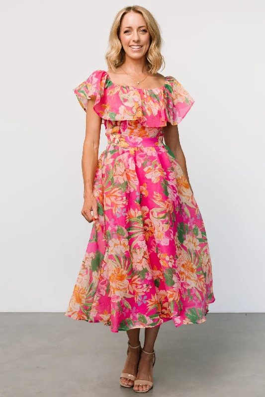 Midi dresses with ruffled sleeves for a more feminine and voluminous look Kartini Off Shoulder Midi Dress | Fuchsia Multi Midi dresses with ruffled sleeves for a more feminine and voluminous look Kartini Off Shoulder Midi Dress | Fuchsia Multi