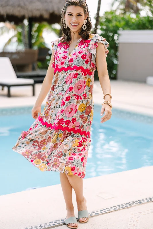 Midi dresses with embroidered accents for a unique and detailed design Open Your Heart Rose Pink Floral Midi Dress