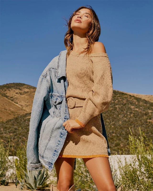 Leather mini dresses for a edgy style Dennis Off The Shoulder Mini Sweater Dress