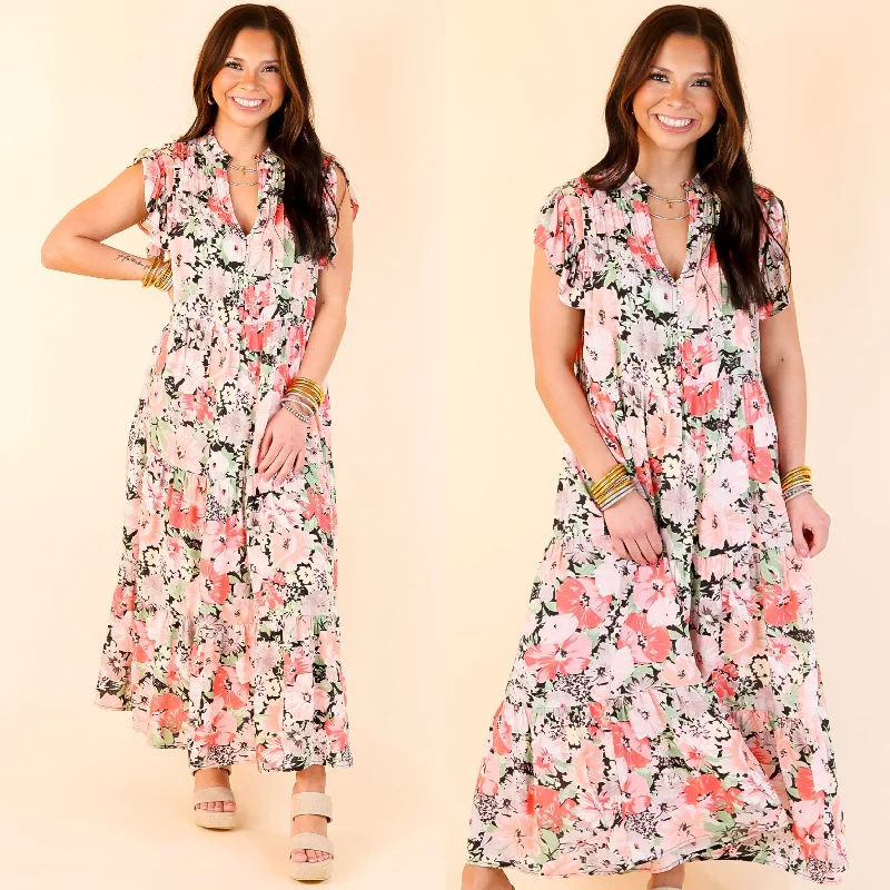 Midi dresses with gathered skirts for a full and flowing silhouette Strolling Down Sunset Floral Tiered Midi Dress in Pink and Green Mix Midi dresses with gathered skirts for a full and flowing silhouette Strolling Down Sunset Floral Tiered Midi Dress in Pink and Green Mix