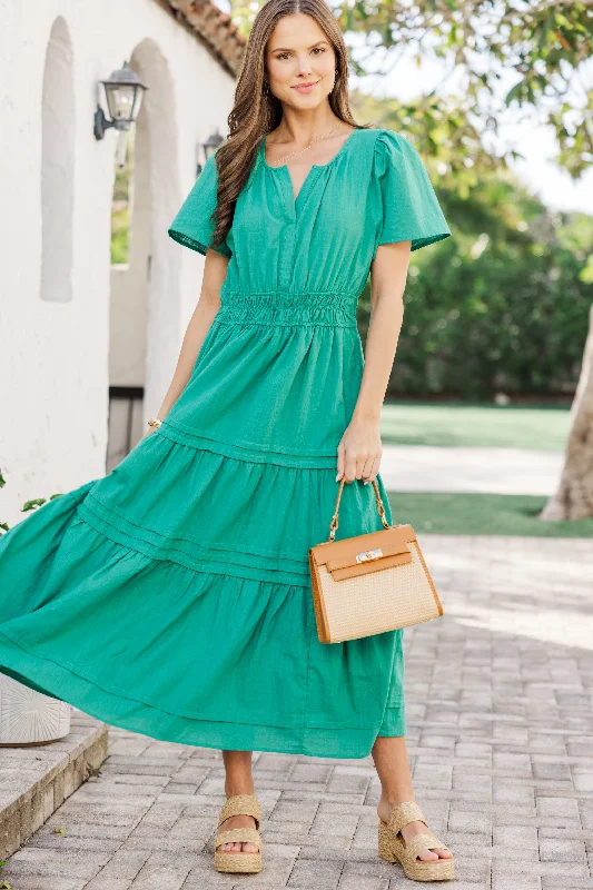 Midi dresses with metallic threads for a glamorous evening event It's In The Air Jade Green Tiered Midi Dress