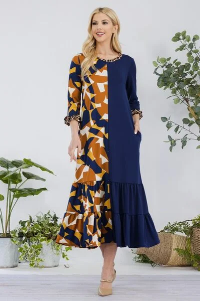 Midi dresses with puff sleeves for a vintage - inspired look Full Size Color Block Midi Dress Plus Size Midi dresses with puff sleeves for a vintage - inspired look Full Size Color Block Midi Dress Plus Size