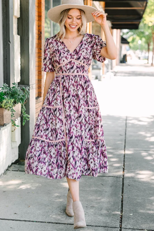 Midi dresses with polka dot prints for a playful summer outfit It's Time Purple Abstract Midi Dress Midi dresses with polka dot prints for a playful summer outfit It's Time Purple Abstract Midi Dress