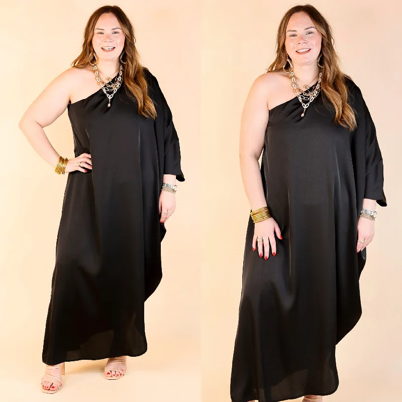 Midi dresses with pleated skirts for a timeless and elegant appeal Sweet Romance One Shoulder Satin Drape Midi Dress in Black Midi dresses with pleated skirts for a timeless and elegant appeal Sweet Romance One Shoulder Satin Drape Midi Dress in Black