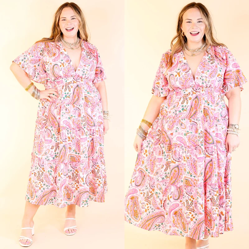 Midi dresses with ruffled bodices for a more pronounced feminine look Whispers of Wisteria Paisley Tiered Midi Dress in Pink Mix Midi dresses with ruffled bodices for a more pronounced feminine look Whispers of Wisteria Paisley Tiered Midi Dress in Pink Mix