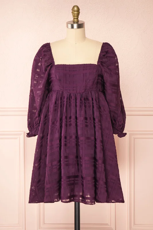 Linen mini dresses for a breathable summer option Temperanse | Plaid Babydoll Dress w/ Puff Sleeves