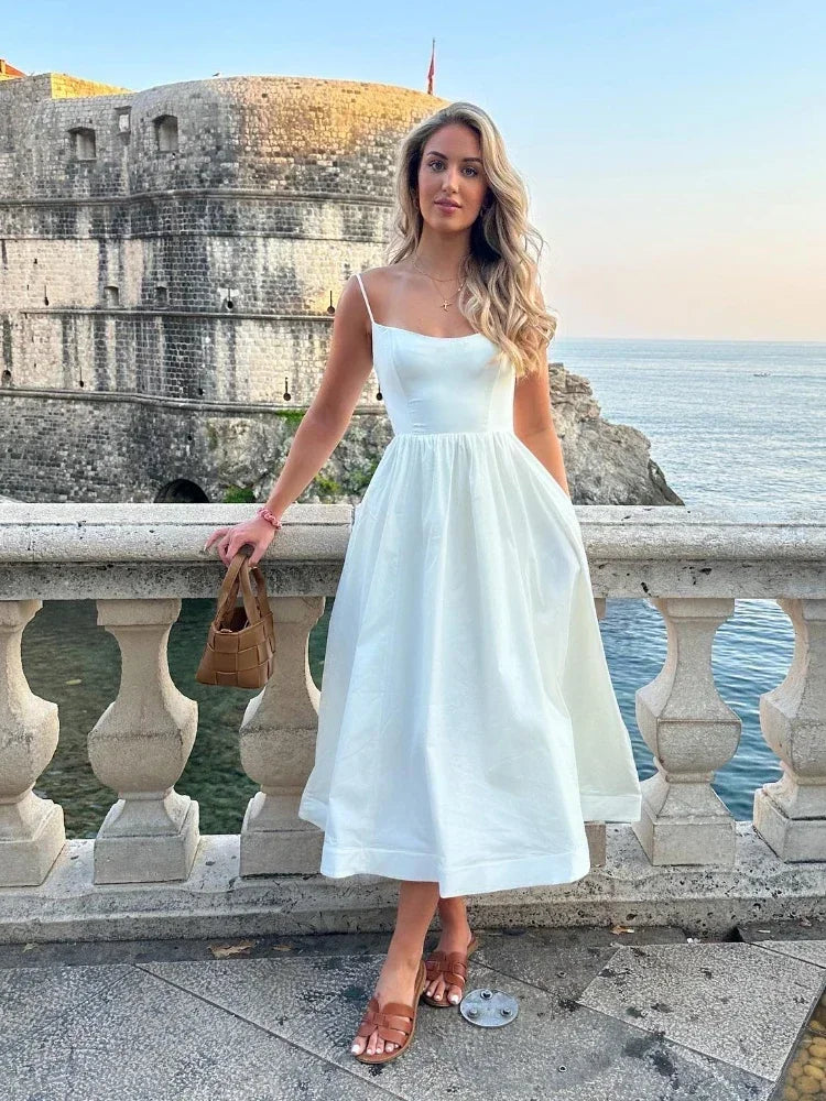 Midi dresses with empire waists for a flattering maternity option 2024 Women's Pink and Pretty White Vacation Spaghetti Strap Beach A Line Party Casual Midi Dress