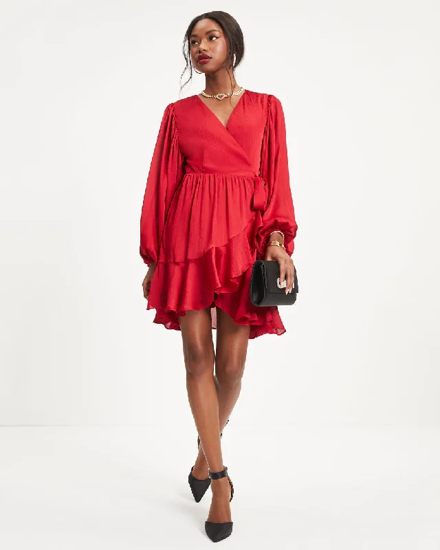 Mini dresses with wrap - around styles Whitney Satin Wrap Ruffle Mini Dress