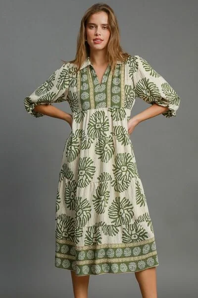 Midi dresses with patchwork patterns for a one - of - a - kind style Full Size Border Print Tiered Midi Dress Midi dresses with patchwork patterns for a one - of - a - kind style Full Size Border Print Tiered Midi Dress