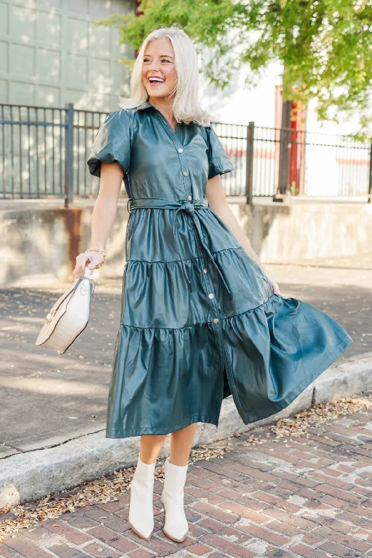 Midi dresses with embroidered accents for a unique and detailed design Pinch: More For You Hunter Green Faux Leather Midi Dress Midi dresses with embroidered accents for a unique and detailed design Pinch: More For You Hunter Green Faux Leather Midi Dress