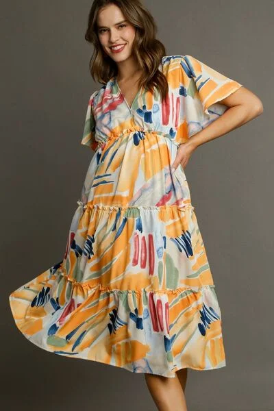Midi dresses with button - down skirts for a unique and functional design Full Size Abstract Print Flutter Sleeve Frill Tiered Midi Dress Midi dresses with button - down skirts for a unique and functional design Full Size Abstract Print Flutter Sleeve Frill Tiered Midi Dress