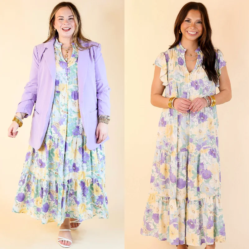 Midi dresses with sheer panels for a touch of allure Strolling Down Sunset Floral Tiered Midi Dress in Purple and Green Mix Midi dresses with sheer panels for a touch of allure Strolling Down Sunset Floral Tiered Midi Dress in Purple and Green Mix