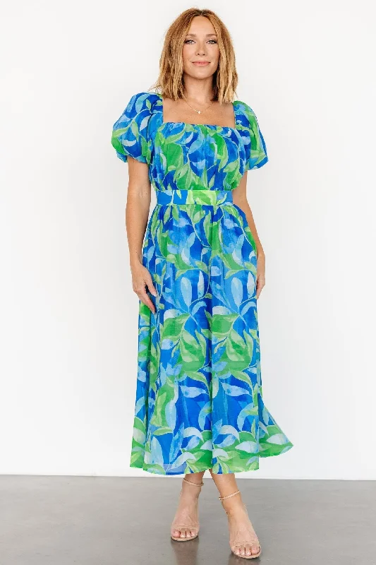 Midi dresses with geometric cutouts for a contemporary and edgy look Catalina Midi Dress | Blue + Green Midi dresses with geometric cutouts for a contemporary and edgy look Catalina Midi Dress | Blue + Green