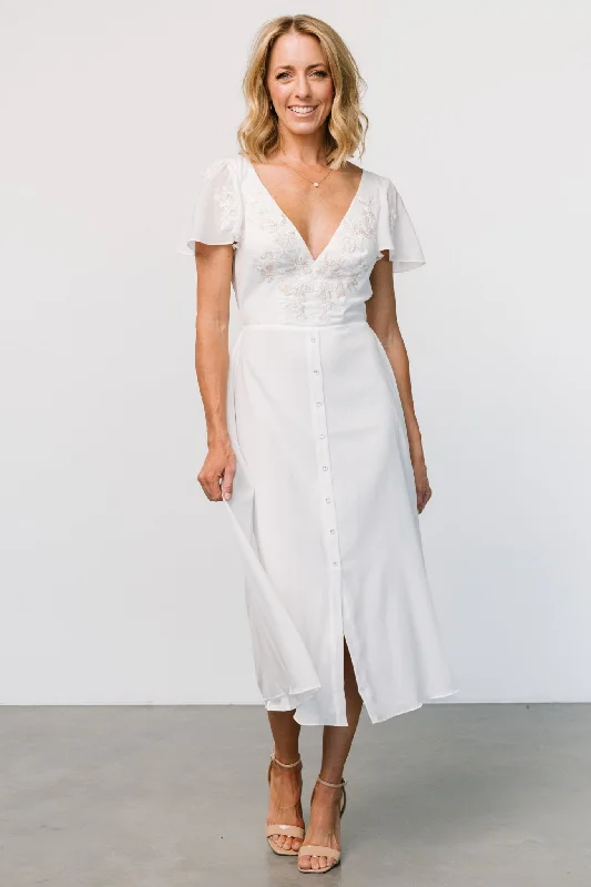 Midi dresses with cold - shoulder cutouts for a trendy style Swan Bead Embroidered Midi Dress | Off White