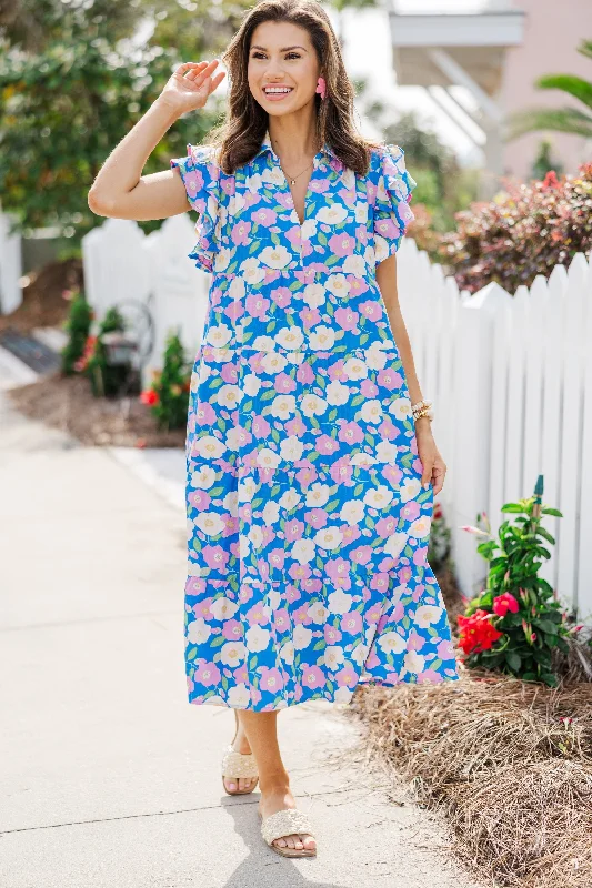 Midi dresses with embroidered accents for a unique and detailed design Look You Up Blue & Pink Floral Ruffled Midi Dress Midi dresses with embroidered accents for a unique and detailed design Look You Up Blue & Pink Floral Ruffled Midi Dress