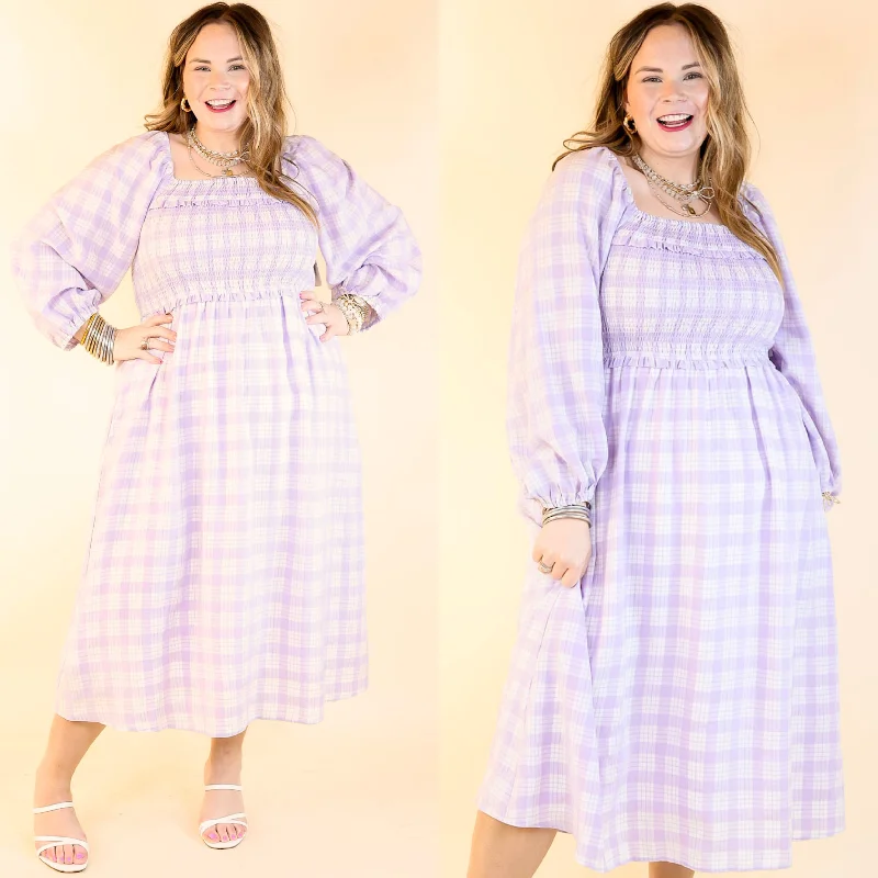 Midi dresses with cotton - blend materials for everyday comfort Adorable Impression Plaid Midi Dress with Smocked Bodice in Lavender Purple