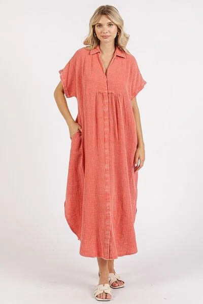 Wrap - style midi dresses in silk for a sophisticated office look Mineral Wash V Neck Button Up Midi Shirt Dress Wrap - style midi dresses in silk for a sophisticated office look Mineral Wash V Neck Button Up Midi Shirt Dress