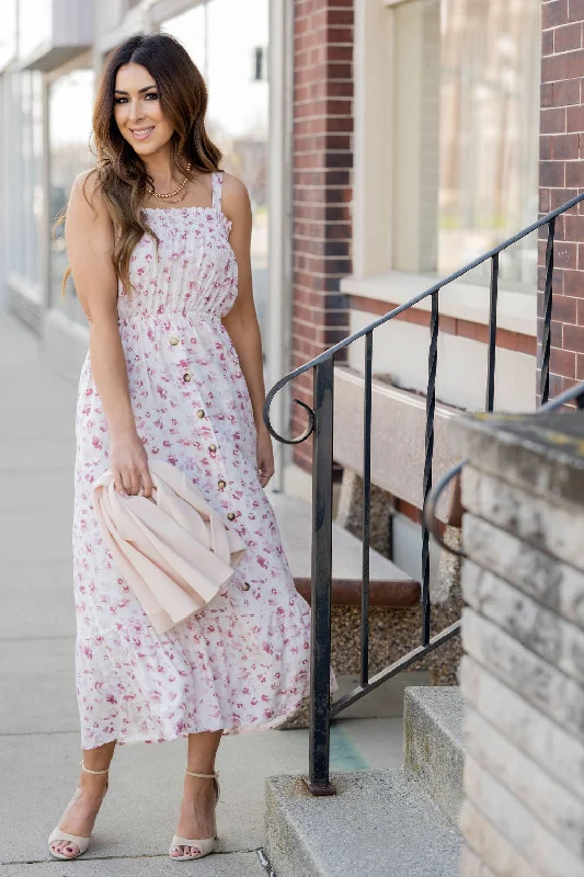 Midi dresses with asymmetric hems for a fashion - forward and dynamic appearance Painted Blossoms Button Accented Midi Dress Midi dresses with asymmetric hems for a fashion - forward and dynamic appearance Painted Blossoms Button Accented Midi Dress